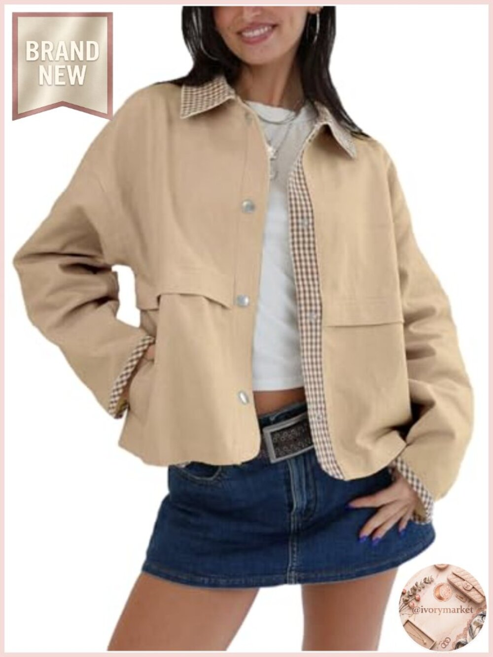 Womens Gingham Cropped Jacket Lightweight Lapel Short Trench Coat